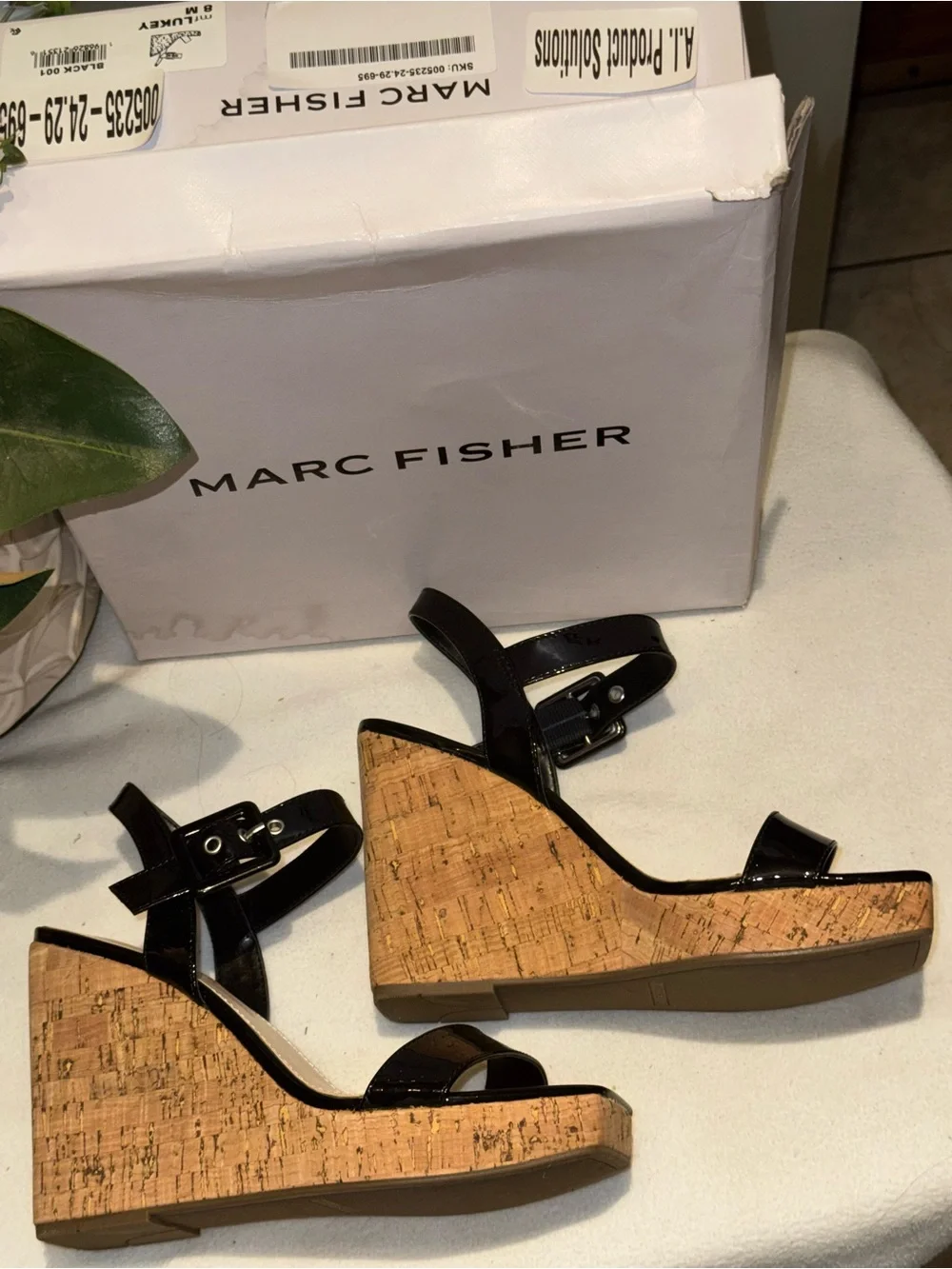 Marc Fisher Black Patent Cork Platform Wedge Sandals